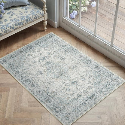 2x3 Light Blue Retro Floral Washable Area Rug - Image 2