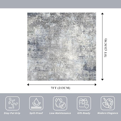 7x7 Square Rug Machine Washable – Modern Neutral Abstract Non-Slip Area Rug - Image 2
