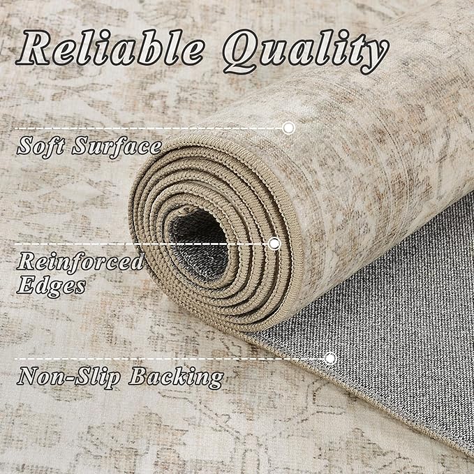 Schweek 4ft Round Rug Neutral Beige Washable Non-Slip Circle Rug Area Rugs | - Image 4