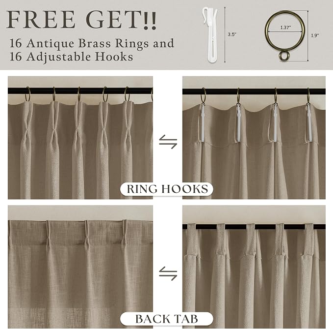 Camel Tan Linen Pleated Semi Sheer Privacy Back Tab Curtains 102 Inch Long | - Image 6