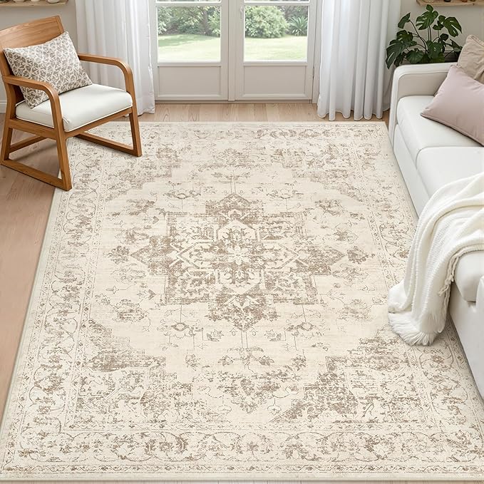 6x9 Area Rugs Living Room: Bedroom Washable Carpet Beige/Ivory | Vintage Boho by Luxturiy