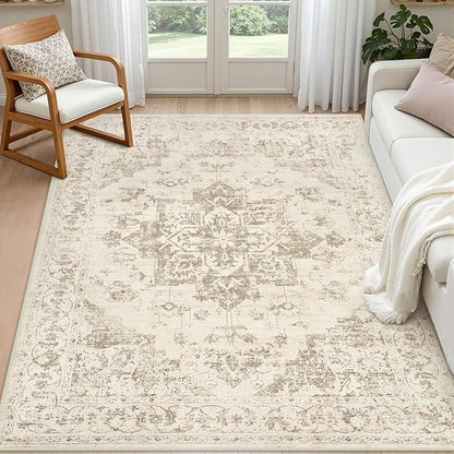 6x9 Area Rugs Living Room: Bedroom Washable Carpet Beige/Ivory | Vintage Boho by Luxturiy