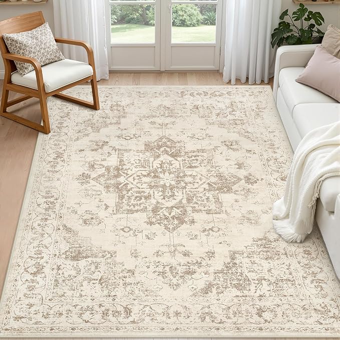 4x6 Area Rugs Living Room: Bedroom Washable Carpet Beige/Ivory | Vintage Boho by Luxturiy
