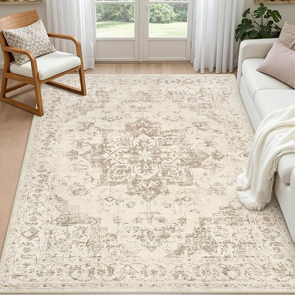 4x6 Area Rugs Living Room: Bedroom Washable Carpet Beige/Ivory | Vintage Boho by Luxturiy