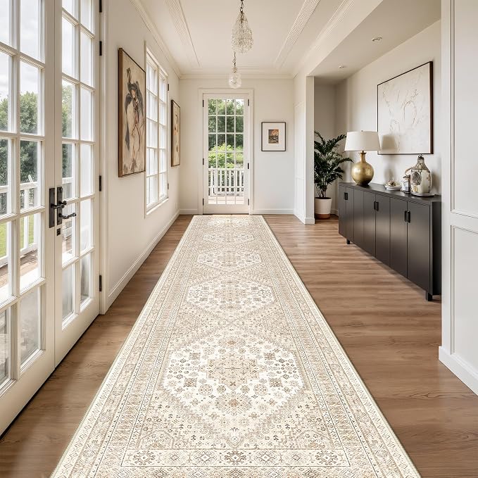 Washable Runner Rug 2.5x16, Non-Slip Long Kitchen Rugs, Cream/Beige | Vintage - Image 4