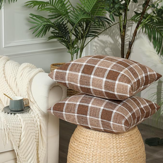 Stellhome Pack of 2 Linen Buffalo Check Throw Pillow Covers, Farmhouse Plaid - Image 2