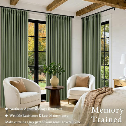 108 Inch Olive Green Linen Pinch Pleated Blackout Curtains Dual Layer | 100% - Image 4