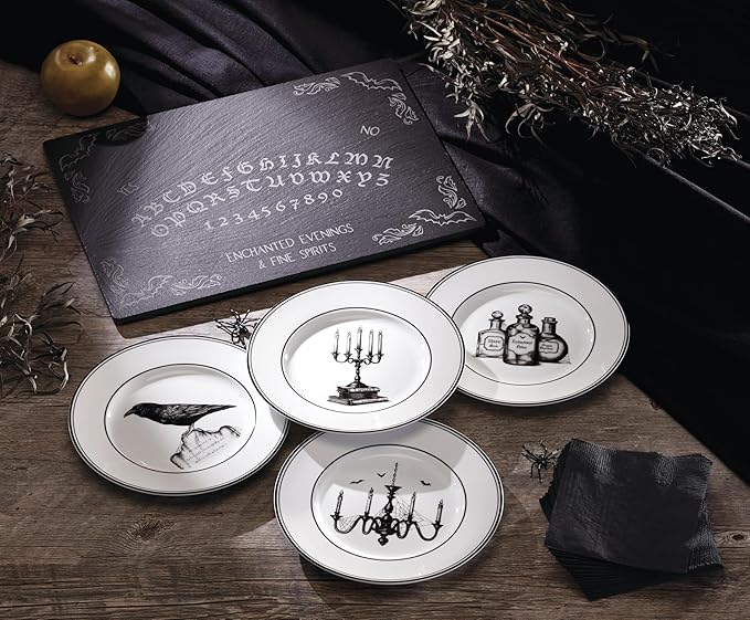 Lenox Dinnerware Set, Vintage Halloween 4-Piece Dessert Plate Set, Assorted, Set of 4 Ivory Porcelain Plates, Dishwasher Safe, Halloween Decor Indoor, Party Table Decorations (Black/White, 4 Piece)