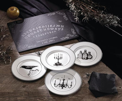 Lenox Dinnerware Set, Vintage Halloween 4-Piece Dessert Plate Set, Assorted, Set of 4 Ivory Porcelain Plates, Dishwasher Safe, Halloween Decor Indoor, Party Table Decorations (Black/White, 4 Piece)