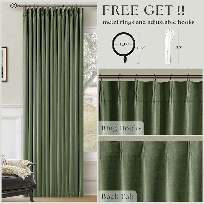 84 Inch Olive Green Linen Pinch Pleated Blackout Curtains Dual Layer | 100% - Image 5