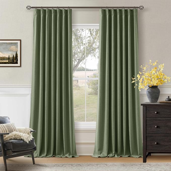 120 Inch Olive Green Linen Pinch Pleated Blackout Curtains Double Layer | 100% by Twodrapes