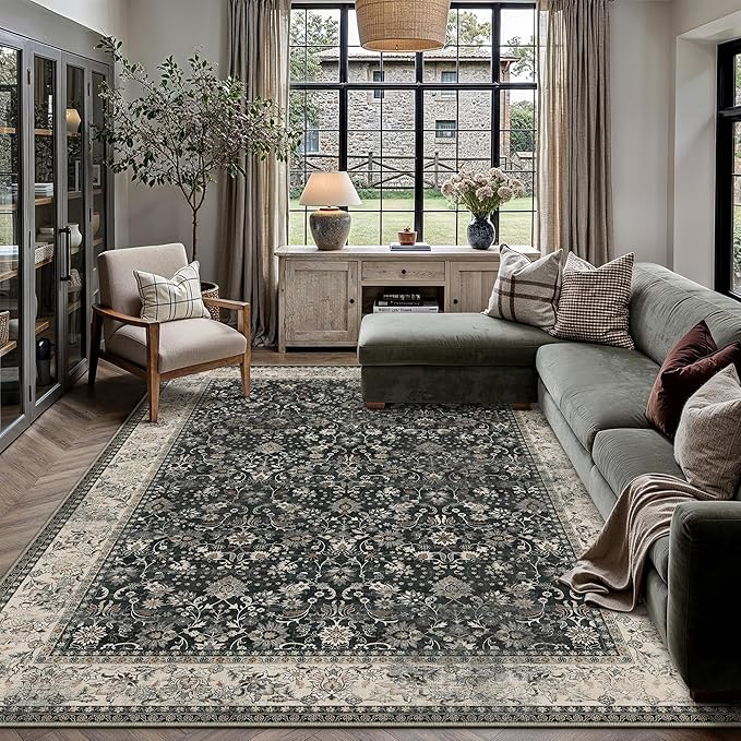 9x12 Black Beige Vintage Floral Washable Area Rug by HUGEAR
