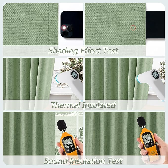 Light Sage 100% Blackout Linen Curtains 108 Inch Length 2 Panels Set - Image 5