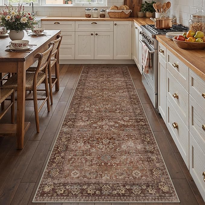 3x10 Brick Red Vintage Floral Washable Runner Rug by HUGEAR