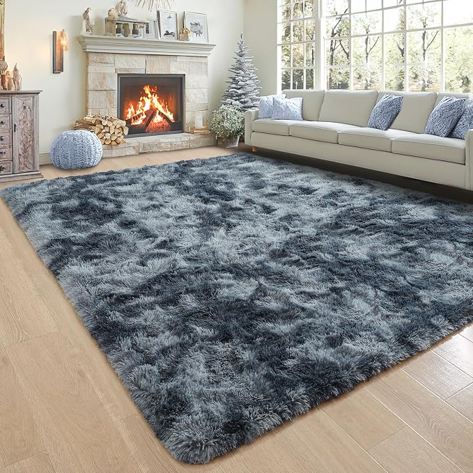 6x9 Large Tie-Dyed Blue and Grey Fluffy Area Rug Non-Slip - Image 8