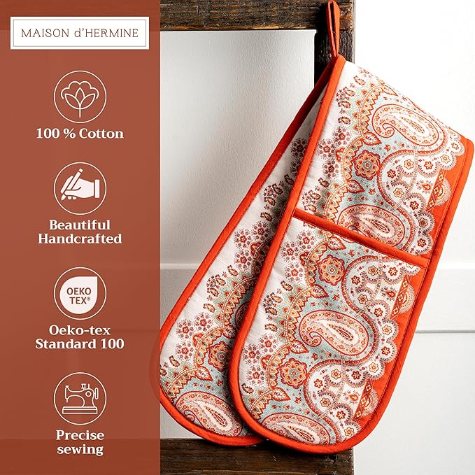 Maison d' Hermine Double Oven Mitts 100% Cotton 7"x35" Double Oven Mitt Heat Resistant BBQ Cooking Gloves with Loop, Baking, Grilling, Home, Kitchen, Handling Hot Pans (Cachemire)