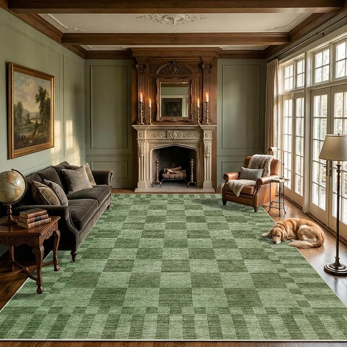GarveeHome Moss Green Checkered Rug 5x7 Area Rug Washable Geometric 5x7 Rug | by GarveeHome
