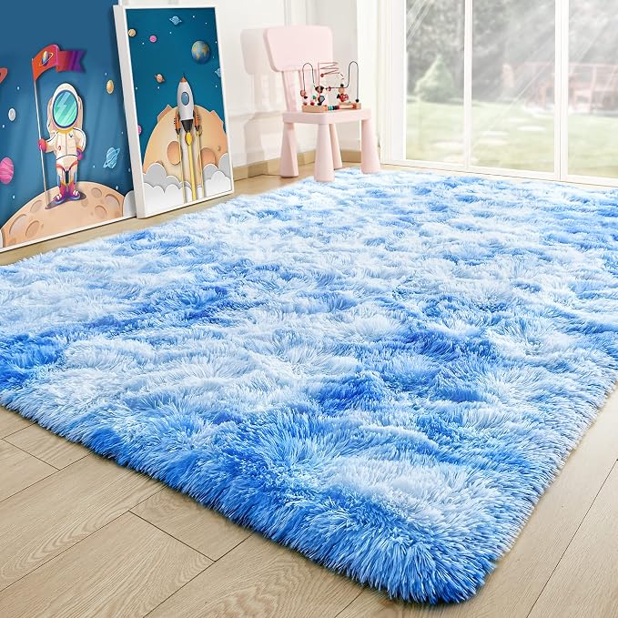 6x9 Large Tie-Dyed Blue Fluffy Soft Area Rug Non-Slip - Image 8