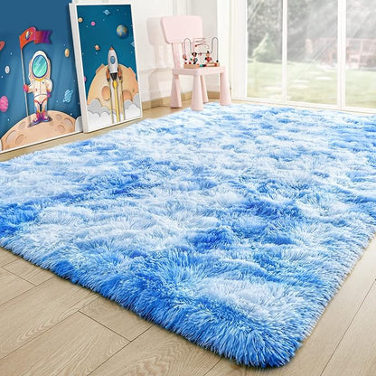 6x9 Large Tie-Dyed Blue Fluffy Soft Area Rug Non-Slip - Image 8