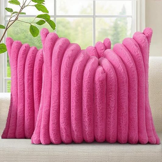 decorUhome Fall Faux Fur Throw Pillow Covers 22x22 Set of 2 Hot Pink | by decorUhome