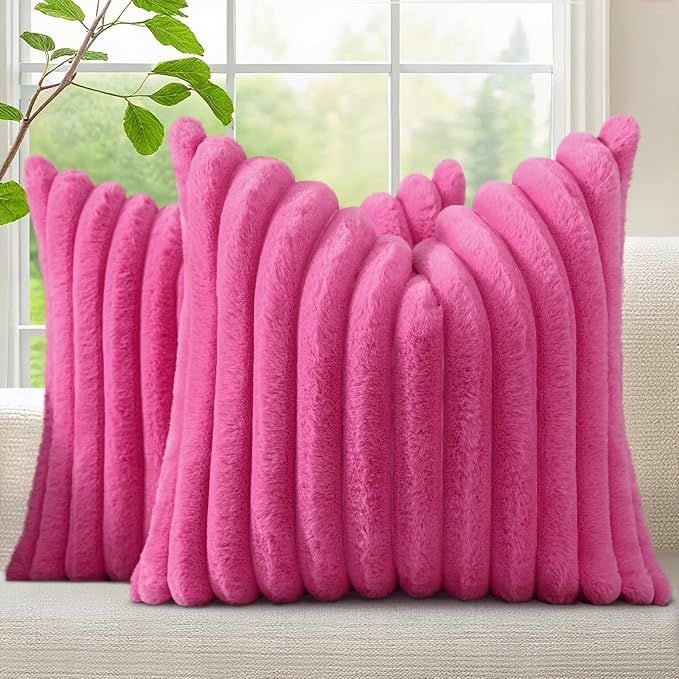decorUhome Fall Faux Fur Throw Pillow Covers 20x20 Set of 2 Hot Pink | by decorUhome