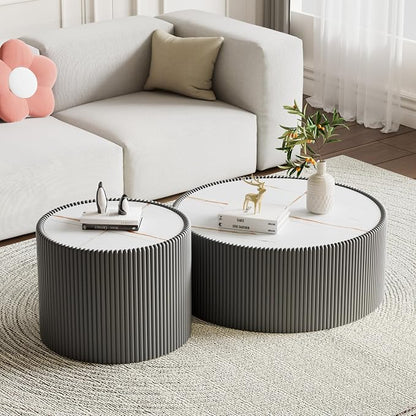 SSLine Round Drum Coffee Table Set of 2 Modern Sintered Stone Top Nesting - Image 3