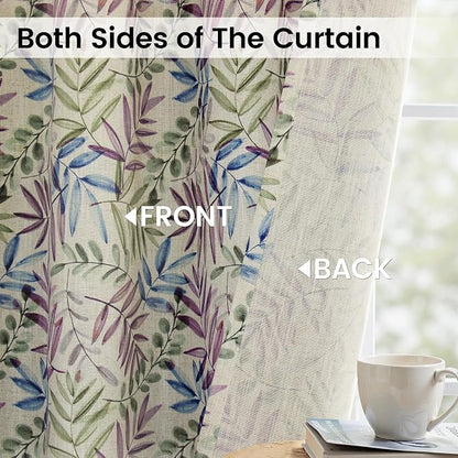 Yakamok 84 Inches Blue and Purple Leaves Linen Curtains - Image 3