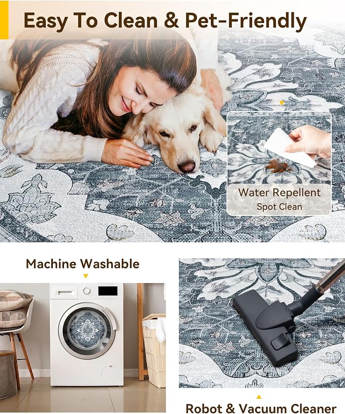 RELEANY Washable Area Rug, Round 8ft, Water Repellent, Pet Friendly, Vintage - Image 5