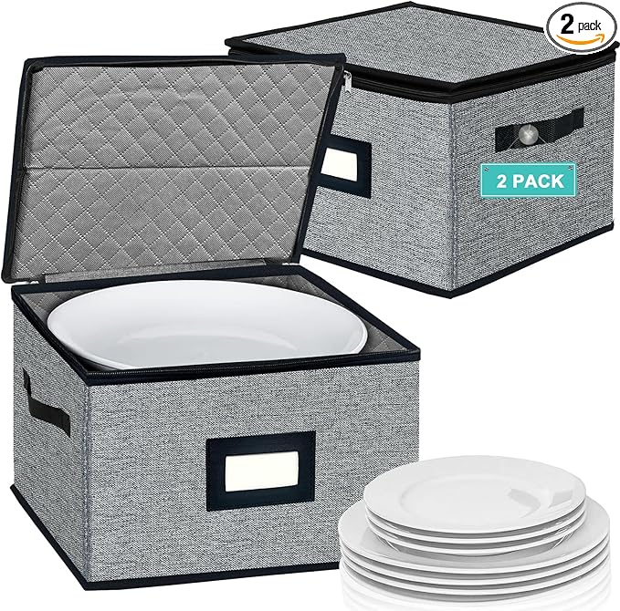 Homyfort China Storage Containers - Dinner Plate Storage with Lid, Handles, Hard Shell Dinnerware Protectors for Moving Bowls, Saucer, Padded Protective Storage, 12x12, 2 Pack