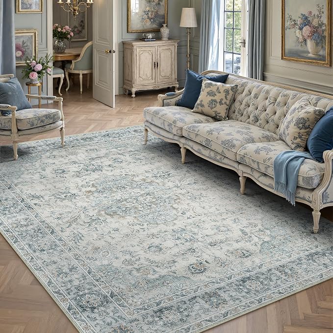 5x7 Light Blue Retro Floral Washable Area Rug by HUGEAR