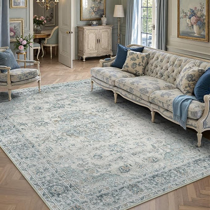 5x7 Light Blue Retro Floral Washable Area Rug by HUGEAR