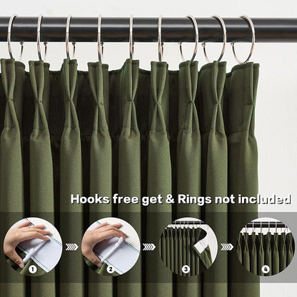Olive Green Curtains Pinch Pleat wtih Hooks, Block Out Sound Reducing Light - Image 2