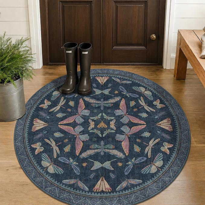 5ft Round Dark Blue Rug for Entryway Indoor, Soft Washable Circle Throw Rug for by HazoHaus