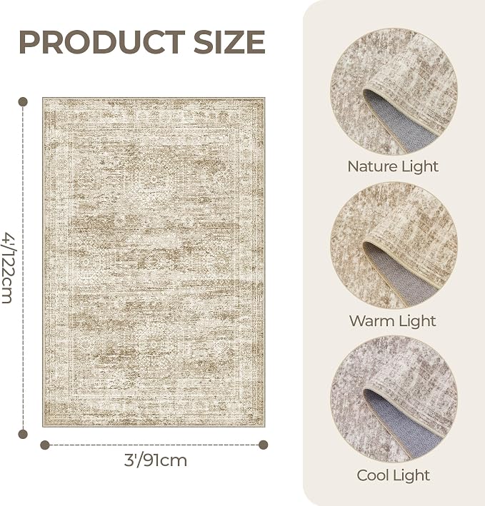 3x4 Rugs for Entryway, Washable Area Rug, Neutral Rug, Stain Resistant Indoor - Image 2