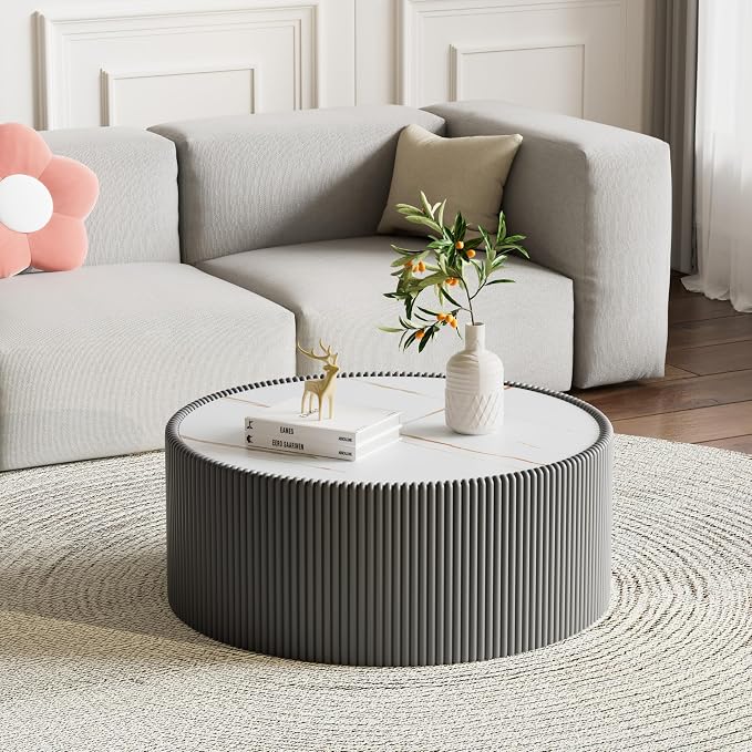 SSLine Round Drum Coffee Table Set of 2 Modern Sintered Stone Top Nesting - Image 5