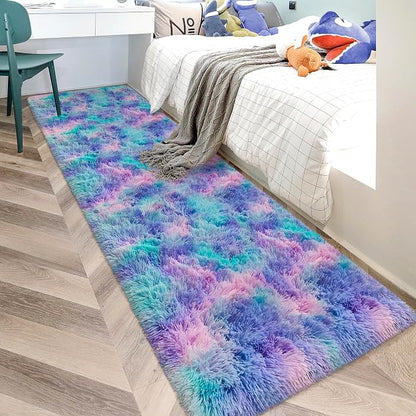 Super Soft Fluffy Living Room Area Rug 2x10 ft Purple Rainbow Tie-Dyed Shaggy by JiaoBaba