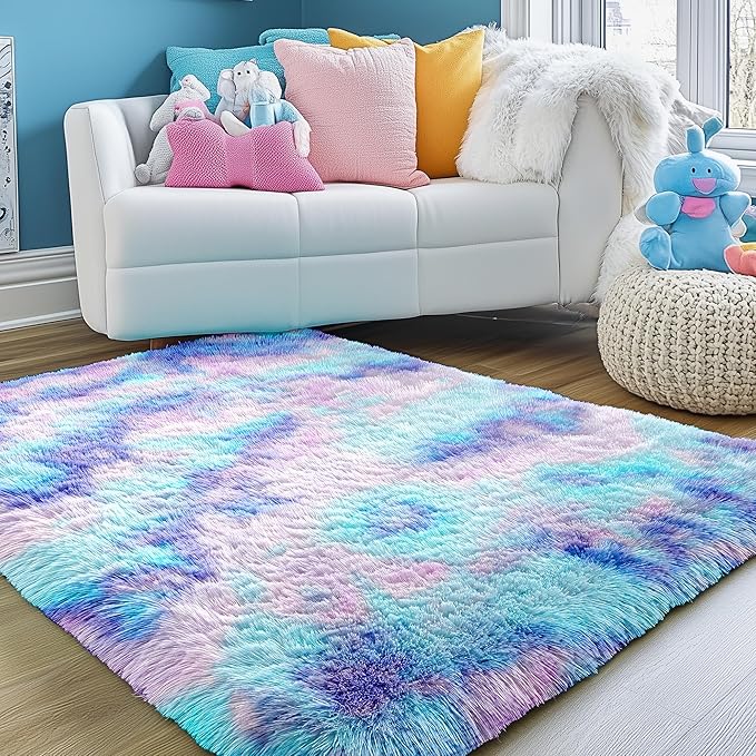 Plush Rainbow Accent Rugs for Bedroom Girls 2x3 Ft, Soft Purple Tent Rugs | by PAGISOFE