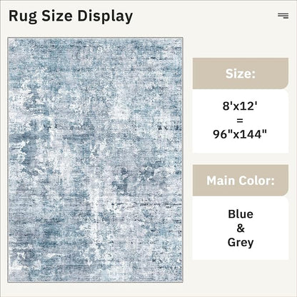 Soalmost Abstract Rug 8x12 Large Living Room Area Rugs Washable Blue/Grey | - Image 5