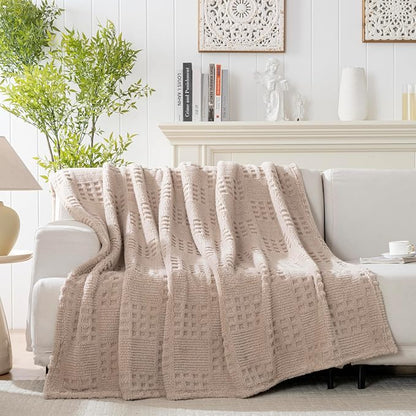 Waffle Brown Throw Blanket -Fluffy Fleece, Neutral Tan Color, Cute & Aesthetic - Image 6