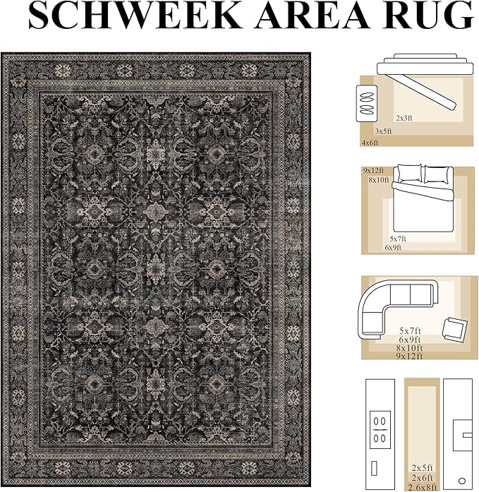 Schweek 10x14 Washable Area Rug Black Neutral Vintage Distressed Dark Rugs | - Image 2