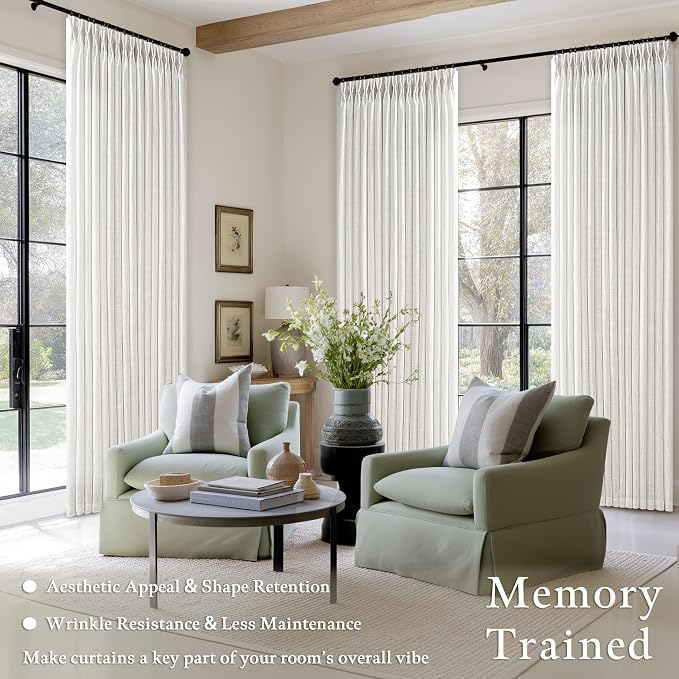 Semi Sheer Off White Pinch Pleat Linen Blend Curtains 112 Inches Long 50W | - Image 2