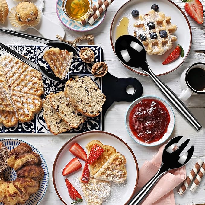 Dualshine 48 Pcs Disposable Black Plastic Serving Utensils,16 Set Including 10" Plastic Serving Spoons, Forks and 9" Tongs for Dinner Parties, Buffets,Banquets, Events, Weddings, and Daily Use