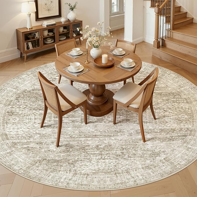 Soalmost Round Rugs 8ft Living Room Circle Area Rug 8x8 Brown Vintage | - Image 3