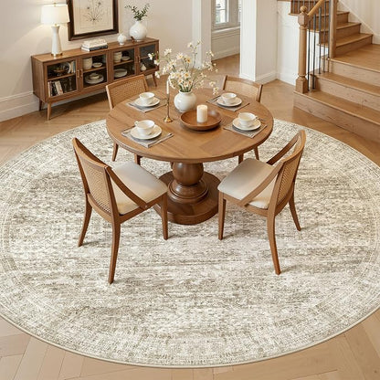 Soalmost Round Rugs 8ft Living Room Circle Area Rug 8x8 Brown Vintage | - Image 3