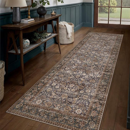 3x10 Brown Blue Vintage Floral Washable Runner Rug - Image 3