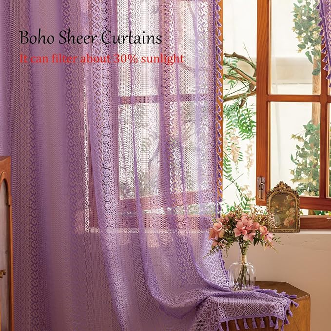 Sutuo Home Lavendar Boho Lace Curtains 96 inches 2 Panels Long - Image 2