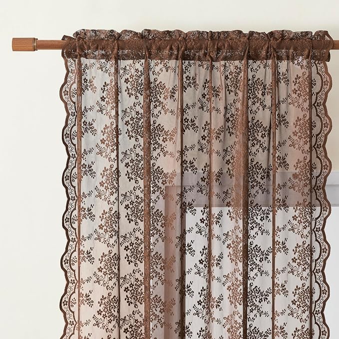 YJ YANJUN Vintage Lace Curtains 96 Inches Long-Victorian Floral Sheer Brown - Image 2
