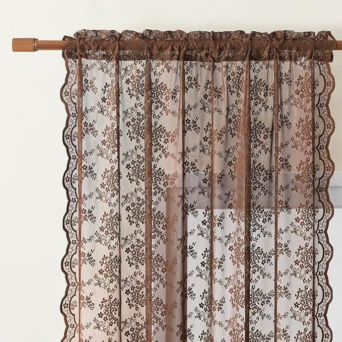 YJ YANJUN Vintage Lace Curtains 84 Inches Long-Victorian Floral Boho Brown - Image 2