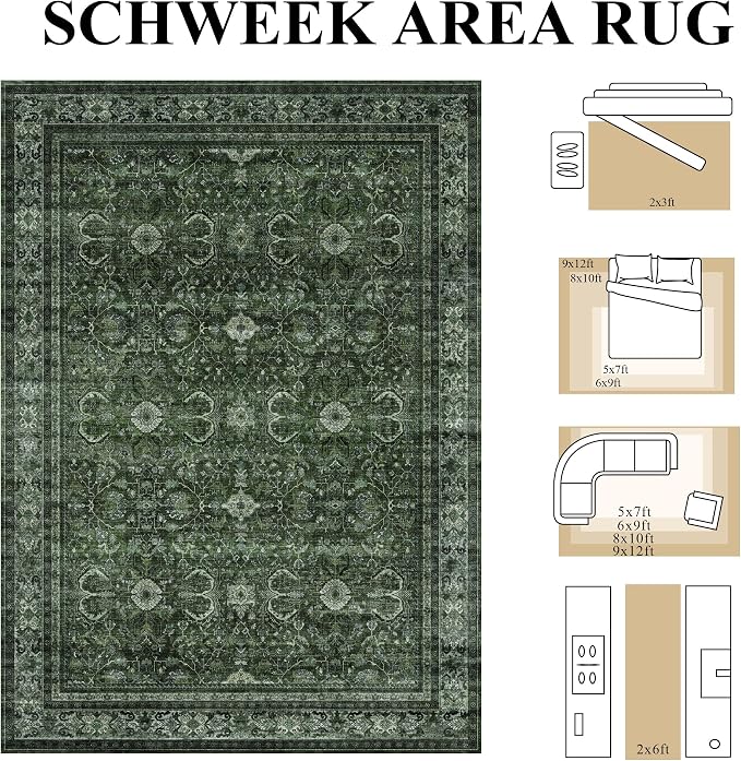 Schweek 2x6 Hallway Runner Rug Washable Non Slip Runners Vintage Green | - Image 2