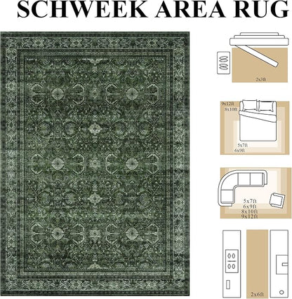 Schweek 2x6 Hallway Runner Rug Washable Non Slip Runners Vintage Green | - Image 2